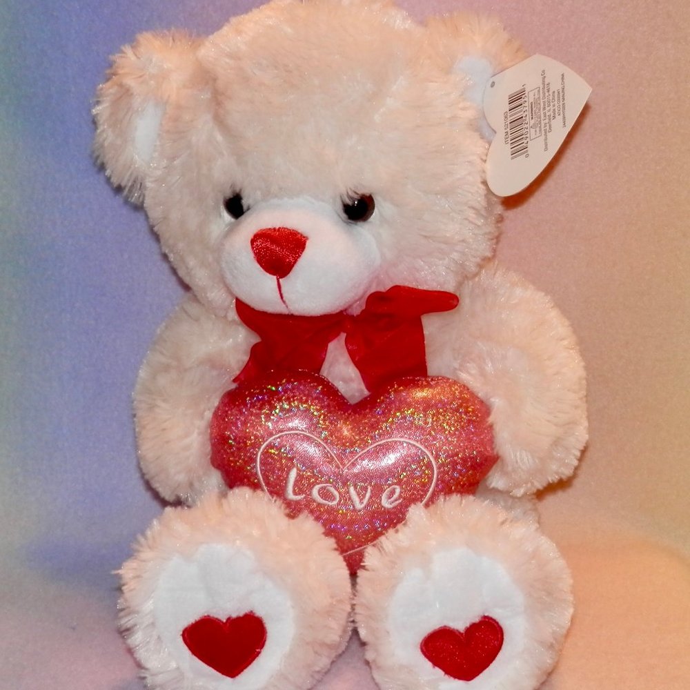 CREAM  PLUSH TEDDY  BEAR * HOLDING A PINK  HEART * 16 IN * CUTE * NEW WITH TAG *